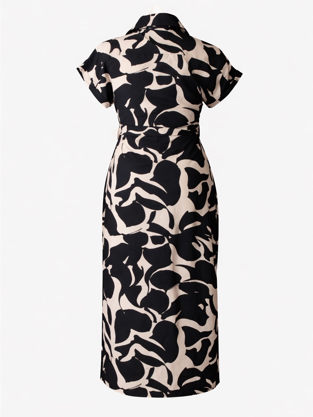 Button-Front Midi Dress in Black & Beige with Tie Waist - Picture 3 of 5